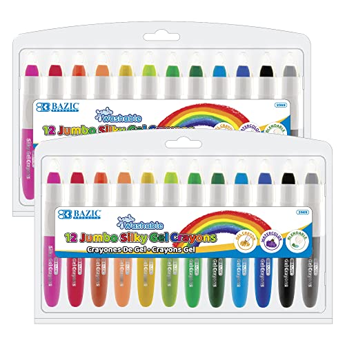 BAZIC PRODUCTS Silky Gel Crayons, 12 Colors, Non-Toxic, 12 Count, 2-Pack | Washable, jumbo silky gel crayons in 12 colors, water-soluble, easy to blend, ASTM - color: Jumbo 12 Color, size: 2-Pack