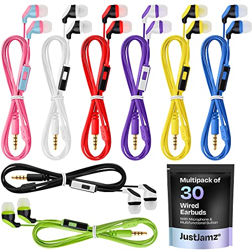 JustJamz 30x Multipack | Bulk Earbuds with Microphone, for Schools, Classroom, Libraries, Museums, etc., Wired in-Ear Earphones with Mic for Kids, Teenagers & Adults, Affordable Bulk Headphones