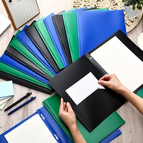 Cholemy 72 Packs Pocket Folders with Prongs Heavy Duty Plastic Folder with Business Card Slot 3 Prong Fasteners for School Office (Black,Blue,Green) - color: Black, Blue, Green