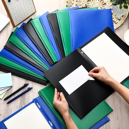 Cholemy 72 Packs Pocket Folders with Prongs Heavy Duty Plastic Folder with Business Card Slot 3 Prong Fasteners for School Office (Black,Blue,Green) - color: Black, Blue, Green