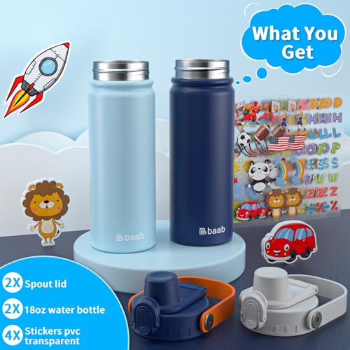 baab 18oz Kids Water Bottle, Insulated Kids Water Bottle with Lockable Spout Lid & Stickers, 18/8 Stainless Steel Vacuum Leakproof Kid Water Cup for Boy Girl & School (Navy Blue+Grey, 2 Pack) - color: Navy Blue+Grey, size: 18 Ounces