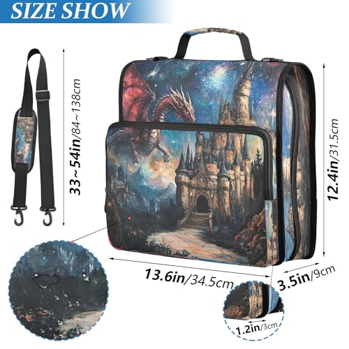 3 Ring Zipper Binder Dragon Castle Binder Organizer Portfolio with File and Shoulder Strap & Handle Large Capacity File Folder - color: Dragon Castle