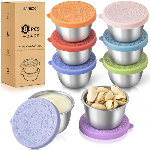 SANEXC 8 Pack - 2.4 Oz Small Salad Dressing Containers To Go, Leakproof Condiment Containers with Lids Reusable Stainless Steel Sauce Cups for Lunch Boxes Kitchen Storage Picnics Travel Meal Prep - color: 2.4 OZ-Multicolor