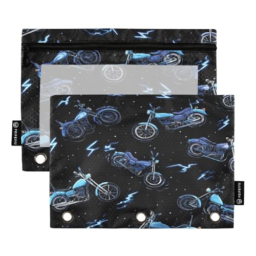 2 Pack Pencil Pouches for 3 Ring Binder Cute Motorcycles Lightning Zipper Pencil Case Bags with Clear Window for Classroom School Office Supplies - color: Cute Motorcycles Lightning