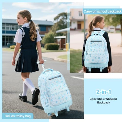 ACESAK Rolling Backpack for Girls - Roller Wheels School bag with Lunch Bag & Pencil Pouch for Teen Girls Kids Wheeled Suitcase Backpacks, Elementary Middle School Travel Daypack (Blue Bow) - color: Blue Bow