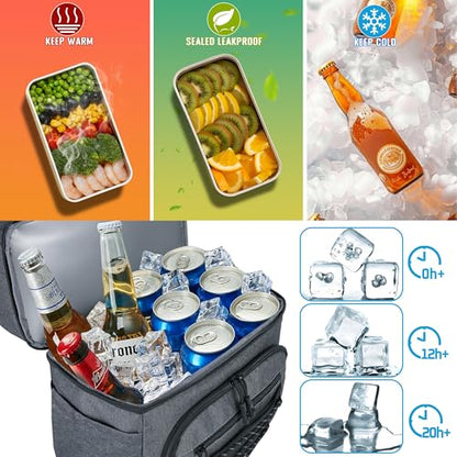 MOZETO Lunch Cooler Backpack Double Deck Lunch Box Backpack Insulated Leakproof Compartments Coolers Bag for Beach Travel Picnic Lunch Hiking BBQ Camping - color: Gray