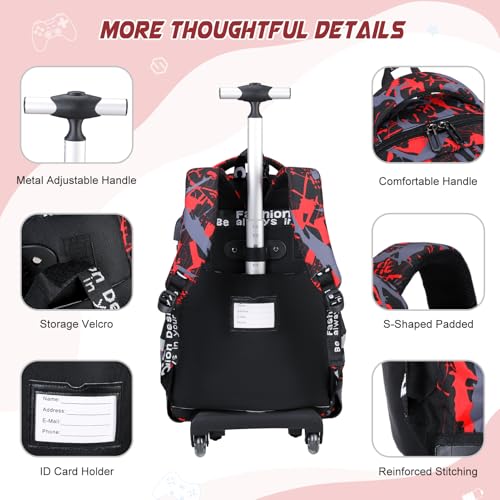 Scothen Rolling Backpack for Boys, Cool Luminous Gamer Roller School Backpacks for Boys with Lunch Bag and Pencil Pouch, Kids Backpack Bookbag with Wheels for Kindergarten Elementary Middle School - color: Red