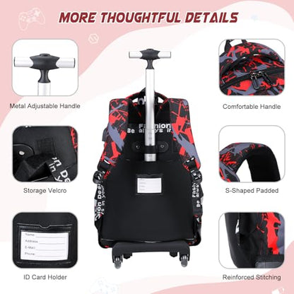 Scothen Rolling Backpack for Boys, Cool Luminous Gamer Roller School Backpacks for Boys with Lunch Bag and Pencil Pouch, Kids Backpack Bookbag with Wheels for Kindergarten Elementary Middle School - color: Red