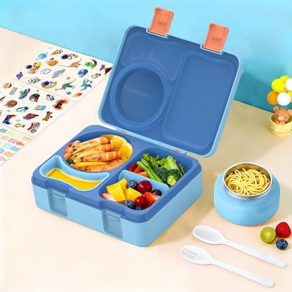 Bento Box for Kids, Leakproof Kids Bento Lunch Box Container with 8oz Insulated Thermo Food Jar, Sauce Jar, Utensil, DIY Stickers for School Boys Girls, 3-4 Compartments, BPA-Free - color: Blue Orange