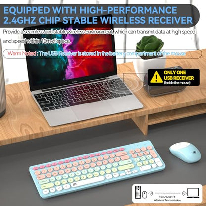 Wireless Keyboard and Mouse Combo, 2.4GHz Colorful Cute Round Keycaps Keyboard for Office Computer PC Desktops Laptop (96 Keys Light Blue) - color: 96 Keys Light Blue