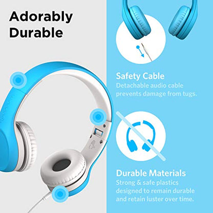 LilGadgets Connect+ Foldable Headphones, Adjustable Fit Soft Touch Padding for Kids with Mic, Volume-Limited & Noise Reduction On-Ear Wired Headset for School with SharePort - Blue, Ages 3-14 - color: Blue
