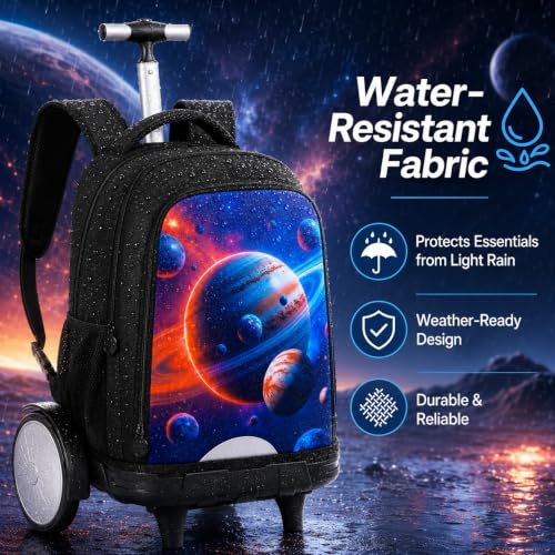 gxtvo Large Wheels & Quiet Glide | Rolling Backpack for Kids - Water-Resistant Wheeled Bag with Lunch Box for School, Travel & Outings - Space Planets - color: Rolling Backpack Space Planets Black