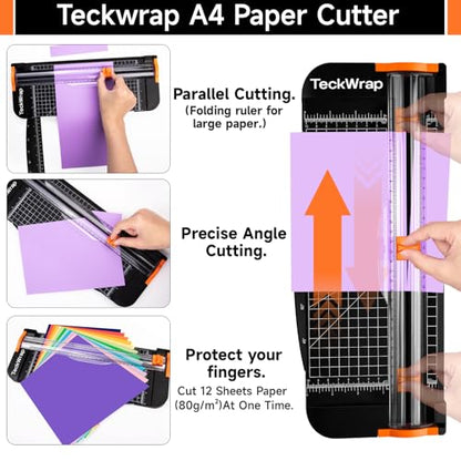 TECKWRAP Paper Cutter & A4 Trimmer – Straight Cutter for Paper with Craft Tool Kit, Squeegee, Removal Pen & Tweezers for Scrapbooking, DIY Crafts, Card Making, Labels, Gift Cards, Cardstock & Photos