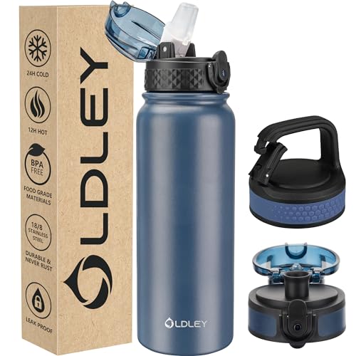 Oldley Insulated Water Bottle 20oz Water Bottles with Straw, Stainless Steel Water Bottle with 3 Lids, Double Wall Vacuum Bottels for Adults Kids,Leak-Proof Sport Bottles for School Travel, Navy Blue - color: Navy Blue, size: 20 Ounces