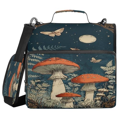 3 Ring Zipper Binder Moonnight Mushroom Butterfly Binders Bag with Shoulder Strap 500 Sheets Paper Organizer Trapper Keeper Documents Storage File Folder for School Office - color: A2850