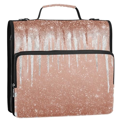 3 D-Ring 2 inch Zipper Binder Bag with Shoulder Strap, Glittery Rose Gold Multi-Pocket Portfolio Organizer Case for 13 Inch Laptop Middle School