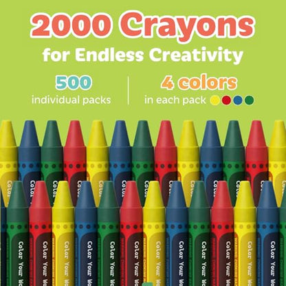 Kidaddle 2000 Count Bulk Crayons, 4 Colors, 500 Packs, Regular Size Non Toxic Crayons for School, Teachers, Classroom Supplies, Restaurants, Stocking Stuffers - size: 2000 Count