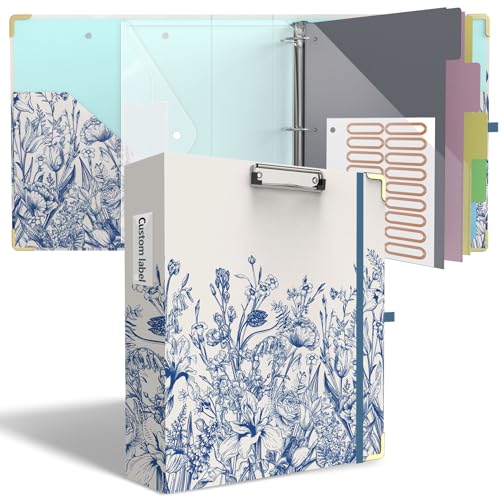 3 Ring Binder with Dividers, 2 inch Rings Letter Size (11" x 8.5") Clipboard Organizer with Storage, Floral Binder for School and Office Supplies(Blue Florals) - color: Blue Florals, size: 2" Binder with Dividers