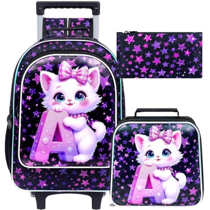 WZLVO 3PCS Kids Backpack with Wheels, 18" Sparkling Cat Print Roller Backpack for Girls with Light-Up Wheels, Includes Matching Lunch Bag & Pencil Bag - Cat Hugging A (Purple) - color: 3PCS Girls Rolling Backpack - Cat Hugging A