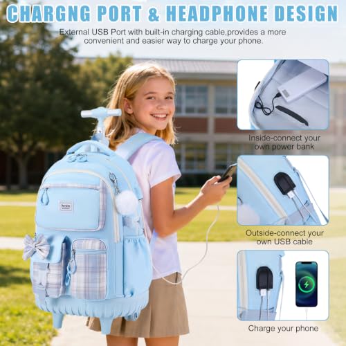 Bevalsa Rolling Backpack for Girls, Roller Backpack with Wheels, Cute Bow Plaid Wheeled School Bookbag Set with Lunch Bag & Pen Case, Suitcases for Kids Teens Elementary Middle Student (Blue) - color: Blue Plaid