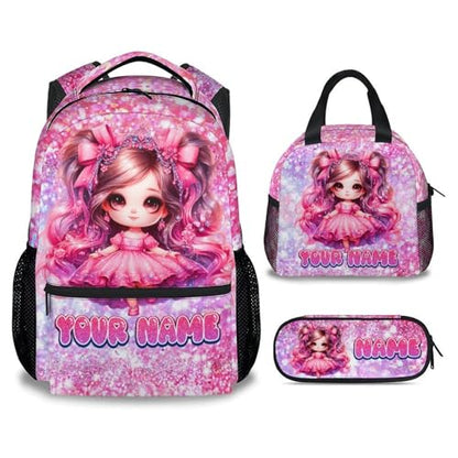 COZYAURA Girl Backpack for Girls Personalized with Name - 3-Piece School Bag Set with Insulated Lunch Box & Pencil Case for Kindergarten & Elementary Students - color: Red