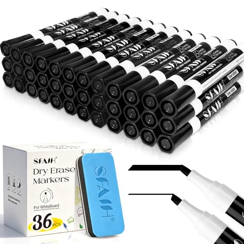 SFAIH Dry Erase Markers Chisel Tip with Magnetic Whiteboard Eraser, 36 Bulk Pack Black White Board Markers for Teachers, Versatile Lines, 1s Quickly Dry, Essential Supplies for Office Teacher - color: Black