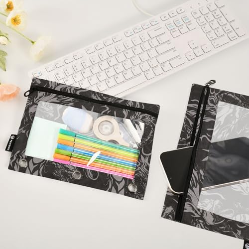 Dragon Black Gothic Pencil Pouch for 3 Ring Binder 2 Pcs Binder Pouches with Zipper Pocket Pencil Case Bag with Clear Window for Office Work School Supplies - color: Dragon Black Gothic