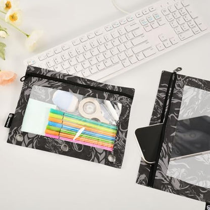 Dragon Black Gothic Pencil Pouch for 3 Ring Binder 2 Pcs Binder Pouches with Zipper Pocket Pencil Case Bag with Clear Window for Office Work School Supplies - color: Dragon Black Gothic