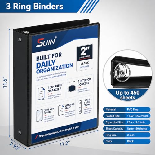 SUIN 2-Inch 3-Ring Binders with 2 Interior Pockets, Heavy Duty Clear View Presentation Binder Holds 425 Sheets Letter Size, Office School Home,6 Pack - color: Black