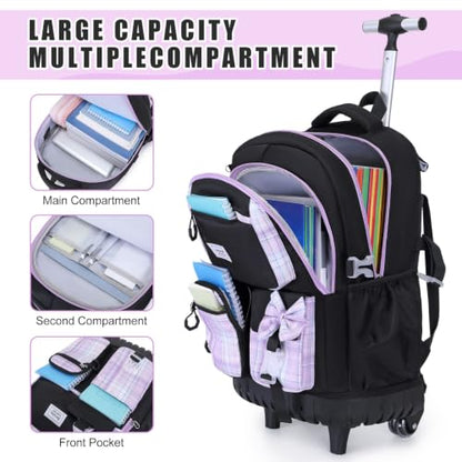 Bevalsa Rolling Backpack for Girls, Roller Backpack with Wheels, Cute Bow Wheeled School Bookbag Set with Lunch Bag & Pen Case, Suitcases for Kids Teens Elementary Middle Student (Black Purple) - color: Black Purple