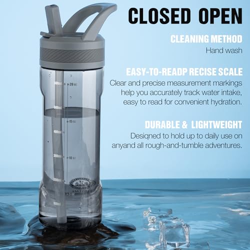 OLDLEY 20oz Kids Water Bottle with Straw, BPA-Free Tritan Water Bottle for School, Leakproof Clear Water Bottle with One Click Open, Measurement Scale, Cup Holder Friendly for Boys Girls,Grey - color: Grey