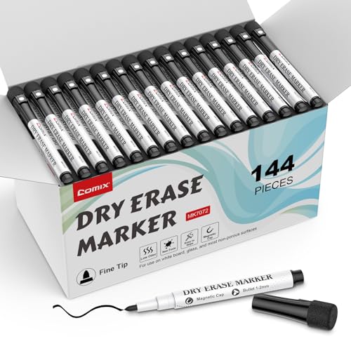 Comix Magnetic Dry Erase Markers, Black, 4 Sets of 36 Markers, 144 Markers | Fine Tip, Value Pack, Low Odor, with Eraser Cap, Easy to erase, Suitable for Classroom, Teachers, Office, School Supplies - color: Black Color Bulk