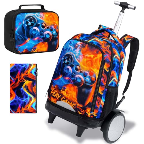 KLFVB Big Quiet-Glide Wheels Rolling Bookbag, 3-in-1 Wheeled Backpack Set with Lunch Bag | Water-Resistant Roller Bag for Boys, School, Travel, Play - Flame Game Controller - color: Rolling Backpack with Big Wheels - Flame Game