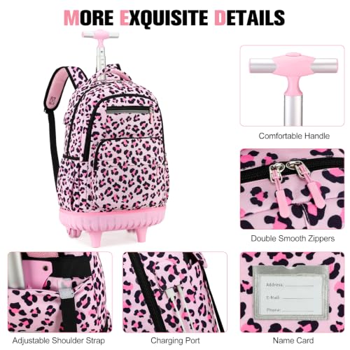 ACESAK Rolling Backpack for Girls - Roller Wheels School bag with Lunch Bag & Pencil Pouch for Teen Girls Kids Wheeled Suitcase Backpacks, Elementary Middle School Travel Daypack (Pink Leopard) - color: Pink Leopard