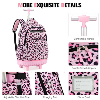 ACESAK Rolling Backpack for Girls - Roller Wheels School bag with Lunch Bag & Pencil Pouch for Teen Girls Kids Wheeled Suitcase Backpacks, Elementary Middle School Travel Daypack (Pink Leopard) - color: Pink Leopard