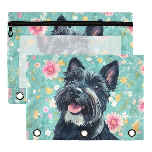 Studying 2 Pack Happy Scottish Terrier Flowers 3 Ring Binder Pencil Pouch Bags,Clear Window Zipper Storage Case for Boys Girls School Office Supplies Cosmetics Organizers - color: Multi-scottish Terrier