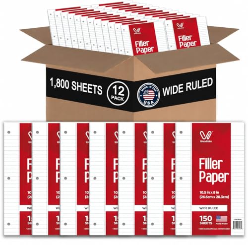 Woodlake Loose Leaf Paper Bulk, Wide Ruled Notebook Paper, 8 x 10.5 Inch Filler Paper, 3-Hole Punched Lined Binder Paper, 60 GSM, 150 Sheets/Pack, 1,800 Sheets Total, Made in USA for School & Office - color: Wide Ruled, size: 12 PACK(1800 SHEETS)