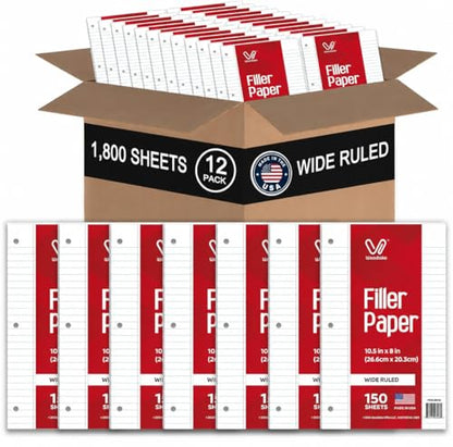 Woodlake Loose Leaf Paper Bulk, Wide Ruled Notebook Paper, 8 x 10.5 Inch Filler Paper, 3-Hole Punched Lined Binder Paper, 60 GSM, 150 Sheets/Pack, 1,800 Sheets Total, Made in USA for School & Office - color: Wide Ruled, size: 12 PACK(1800 SHEETS)