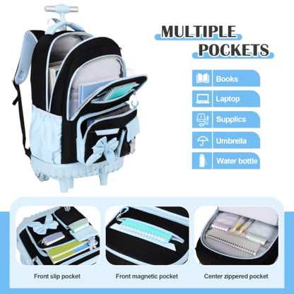 DIGOBAY Rolling Backpack for Girls, Cute Roller School Bag with Wheels, Kids Wheeled Backpacks Set with Lunch Bag Pencil Case for Teen Girls Kindergarten Elementary Middle School - color: Black-blue