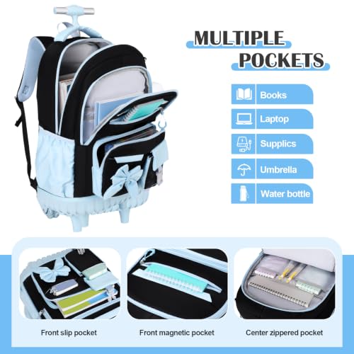 DIGOBAY Rolling Backpack for Girls, Cute Roller School Bag with Wheels, Kids Wheeled Backpacks Set with Lunch Bag Pencil Case for Teen Girls Kindergarten Elementary Middle School - color: Black-blue