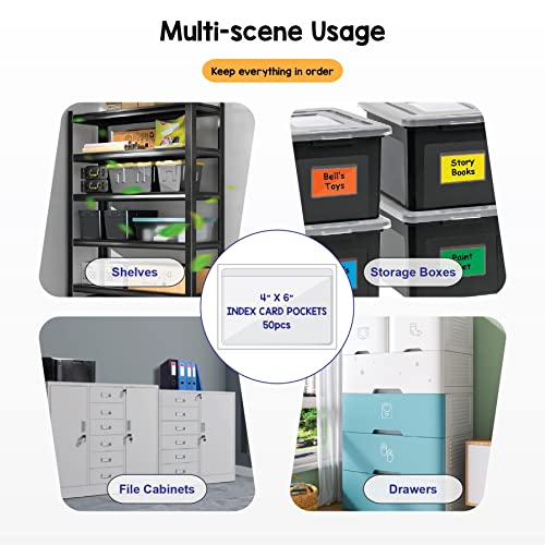 IMAGAME Clear Adhesive 4" x 6" Index Card Pockets, Labels Holders, 50 Pack | Top Open for Loading, Plastic Labels Holders, For Storage Bins and Library Card, Organizing and Protecting Cards, Photos - size: 4-5/8" x 6-5/16" for 4" x 6" Cards