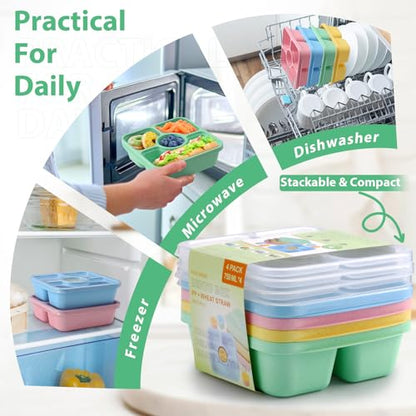 Bento Snack Box Containers for Adults Kids, 4 Pack Lunchable Meal Prep Containers Reusable, Stackable Bento Lunch Box, Food Storage Prep Containers with Lids and 4 Sauce Cups, Pastel Color, Clear Lid - color: Pastel, Clear Lid