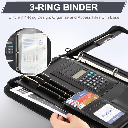 Leathario Portfolio Binder, Includes 10 Sheet Protectors and a Pen, 13 Inch Tablets Organizer, Vegan Leather A4 Padfolio, Multi-Pocket Notepad Business Planner Professional 3 Ring Document - color: Black-3 Ring