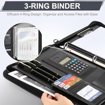 Leathario Portfolio Binder, Includes 10 Sheet Protectors and a Pen, 13 Inch Tablets Organizer, Vegan Leather A4 Padfolio, Multi-Pocket Notepad Business Planner Professional 3 Ring Document - color: Black-3 Ring