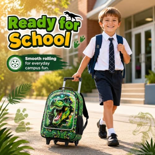 3Pcs Dinosaur Rolling Backpack for Boys, 18" Kids School Backpacks with Wheels, Roller Bookbag with Lunch Box for Preschool Toddler Elementary(Green)