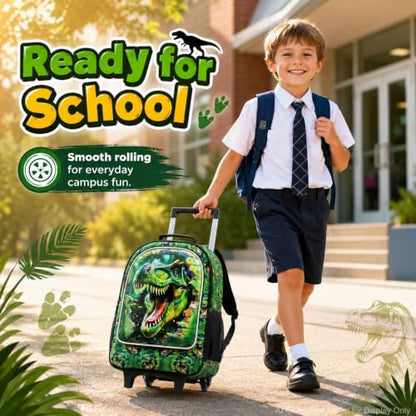 3Pcs Dinosaur Rolling Backpack for Boys, 18" Kids School Backpacks with Wheels, Roller Bookbag with Lunch Box for Preschool Toddler Elementary(Green)