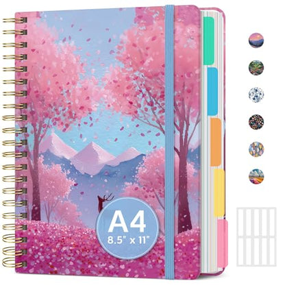 Large Spiral Lined Notebook for Work with Dividers & Tabs, 8.5"x11" Hardcover 5 Subject Notebook, College Ruled, 280 Pages, Blossom Valley - color: N - Blossom Valley