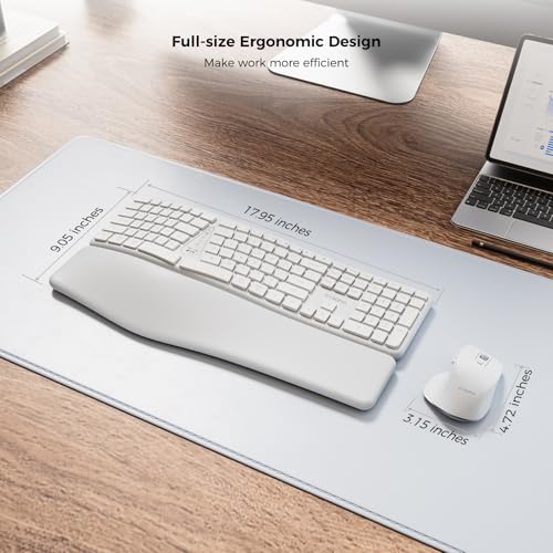 KYSONA Ergonomic Keyboard Mouse Wireless Combo, Full Size Bluetooth Split Keyboard with Wrist Rest, 4 Level DPI Ergo Mouse for Windows Mac OS Computer, White - color: White