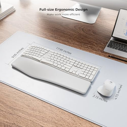 KYSONA Ergonomic Keyboard Mouse Wireless Combo, Full Size Bluetooth Split Keyboard with Wrist Rest, 4 Level DPI Ergo Mouse for Windows Mac OS Computer, White - color: White