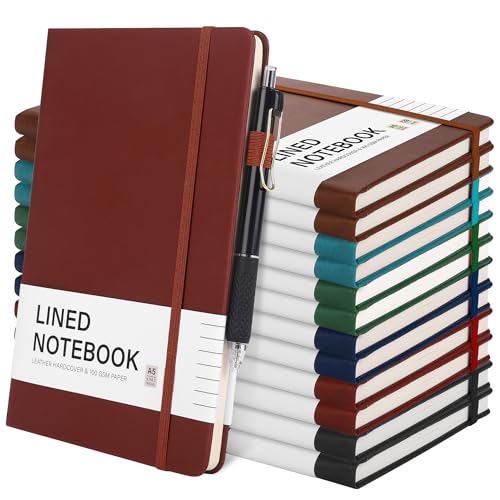 Aodaer 12 Set Lined Notebook Journals with Pens A5 Notebooks 100 GSM College Ruled Hardcover Notebook PU Leather Notepad with Pen Holder for Office School, 5.7 x 8.3 Inches, Deep Multicolor - color: Deep Multicolor
